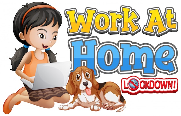 Free vector font design for work from home with girl working on computer