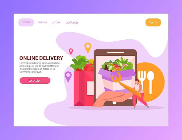 Food delivery flat landing page with text clickable links buttons and images of gadget and fastfood illustration