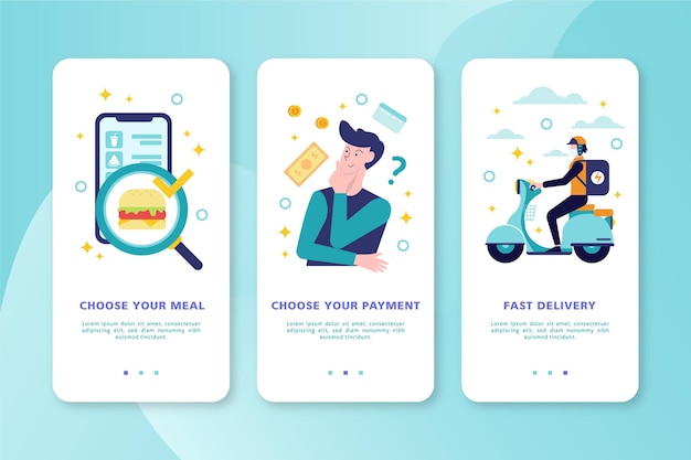 Free vector food delivery onboarding screens