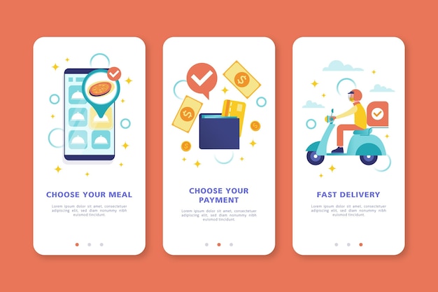 Free vector food delivery onboarding screens