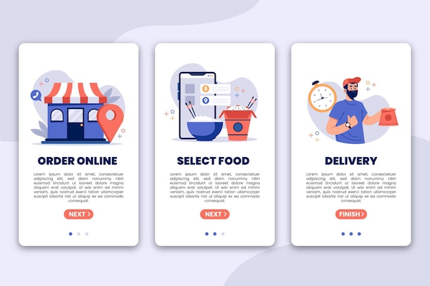 Free vector food delivery onboarding screens