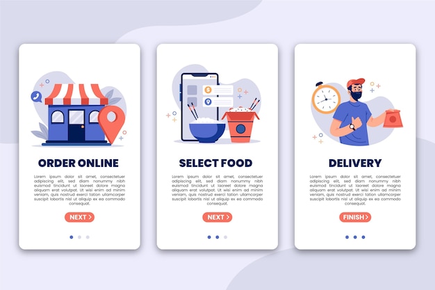 Free Vector food delivery onboarding screens