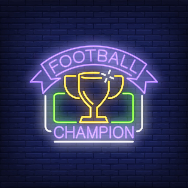 Free Vector football champion neon sign. cup in rectangular frame and ribbon on brick wall background