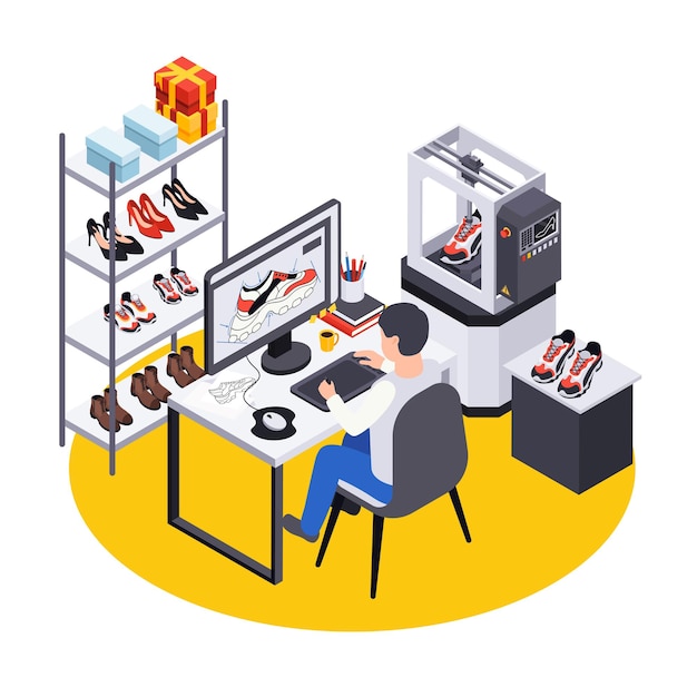 Free Vector footwear shoes production isometric composition with view of designers workplace with computer and shoes on shelves illustration