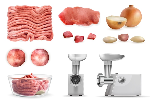 Free Vector forcemeat meat realistic set stainless electric meat grinder fillet and ingredients for cutlet preparation isolated vector illustration