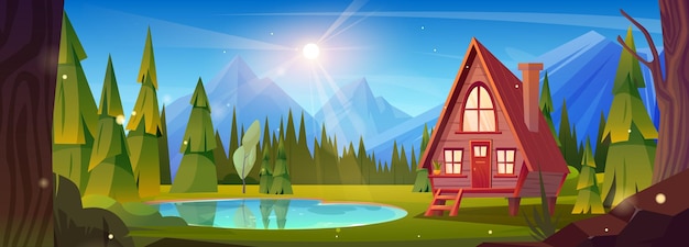 Free Vector forest lake house near mountain cartoon scene