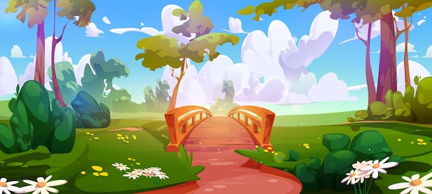 Free Vector forest landscape with bridge on river background