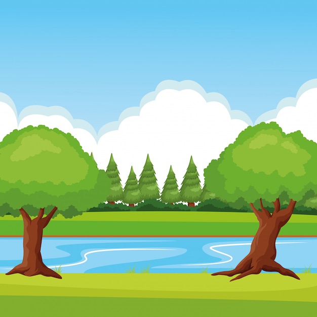 Free vector forest landscape with river