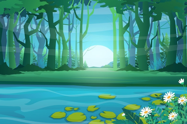 Free vector the forest and large pond with lotus, nature scene cartoon style illustration