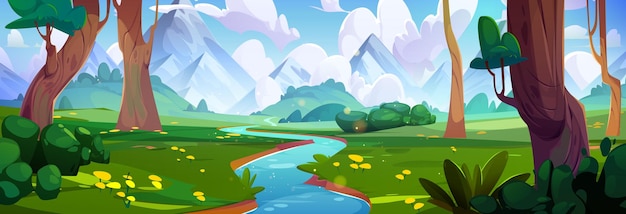 Free vector forest river near mountain nature landscape cartoon vector tree and stream in beautiful summer park with flower garden on sunny day illustrated woods environment with sunlight and green grass