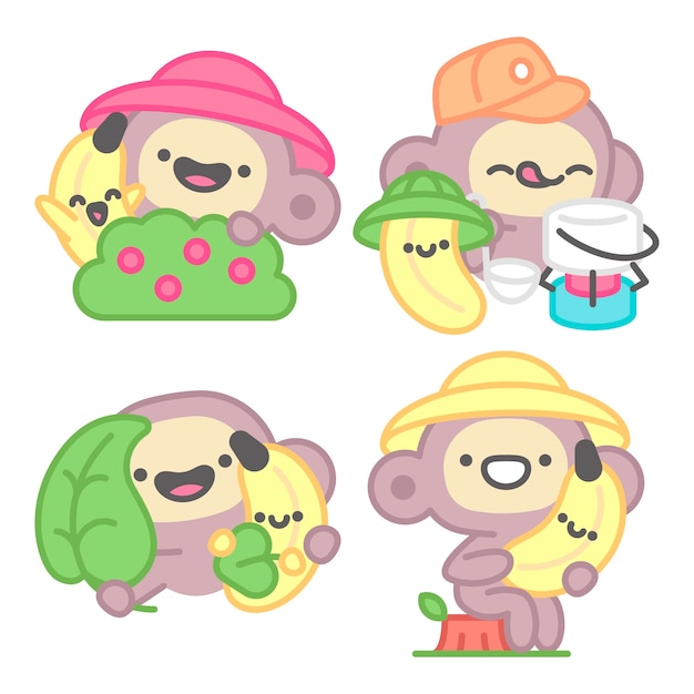 Free vector forest stickers collection with monkey and banana