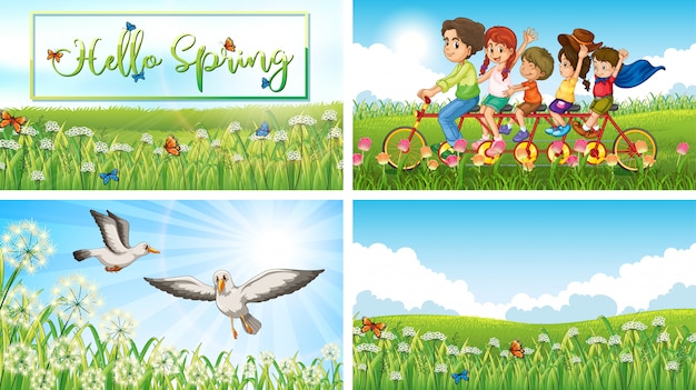 Free Vector four background scenes with children and animals in the park