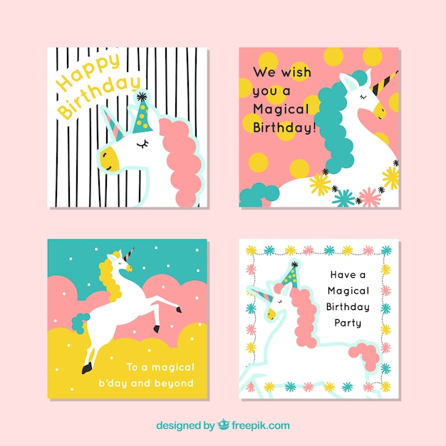 Free Vector four cute birthday cards with unicorns