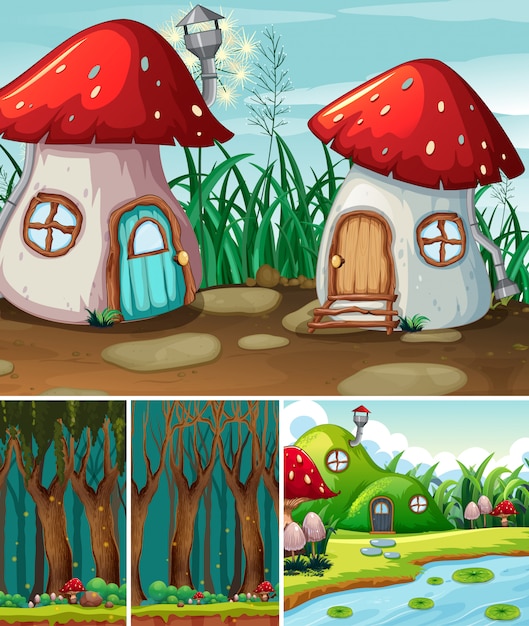 Free Vector four different scene of fantasy world with fantasy vilage and forest at night scene