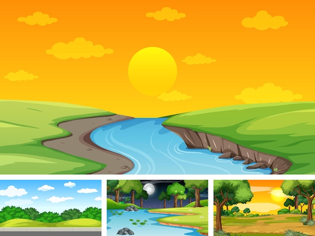 Free Vector four different scene of nature park and forest