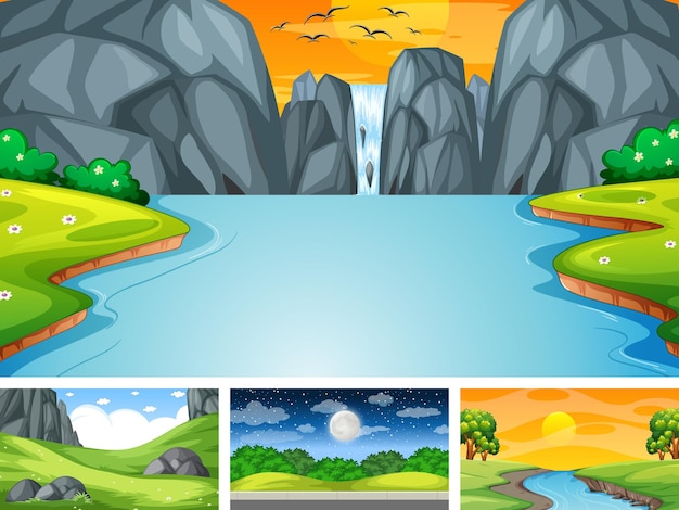 Free vector four different scene of nature park and forest