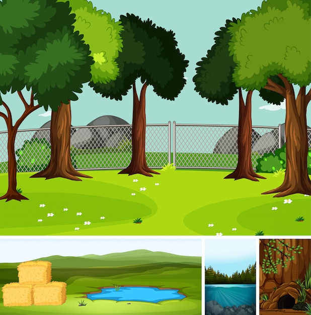 Four different scenes in nature setting cartoon style