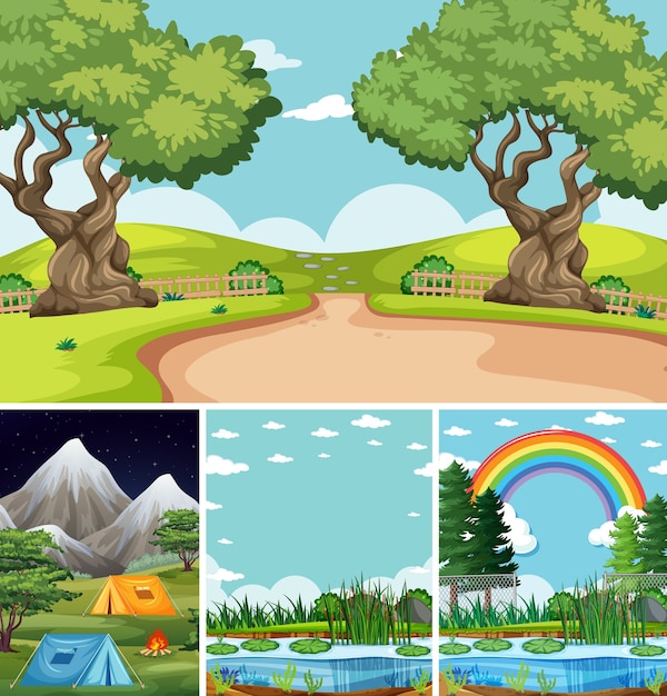 Free vector four different scenes in nature setting cartoon style