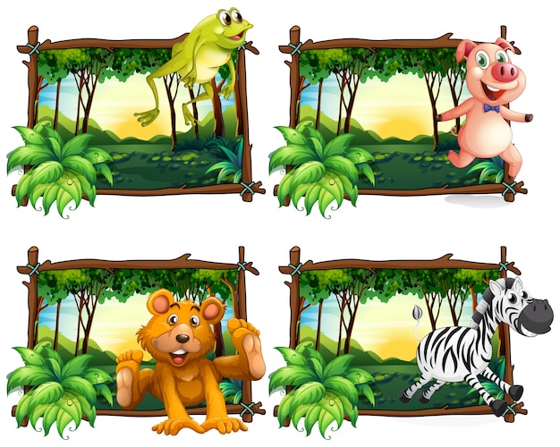 Free Vector four frames of wild animals in the jungle illustration