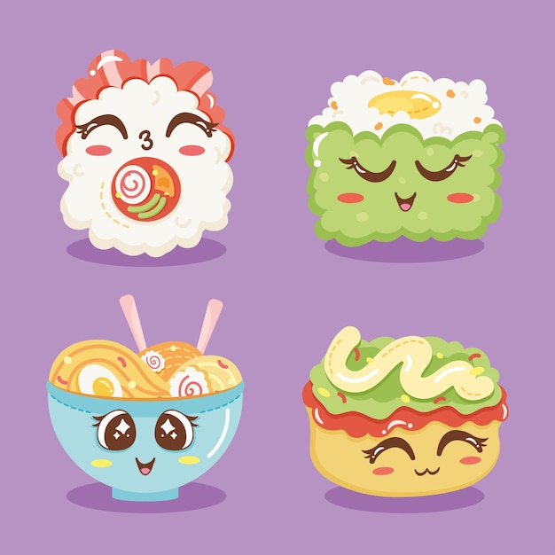 Free vector four kawaii food characters