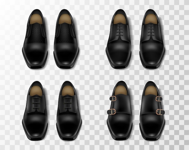 Free Vector four realistic pairs of black shiny leather shoes for men isolated at transparent background vector illustration