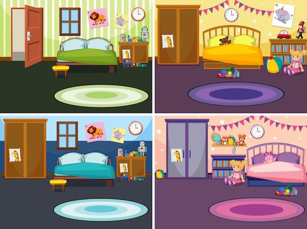 Free vector four scenes of bedroom with different illustrations