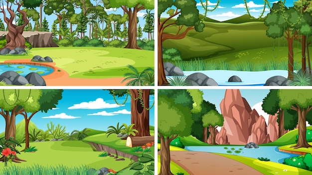 Free vector four scenes with river in the woods