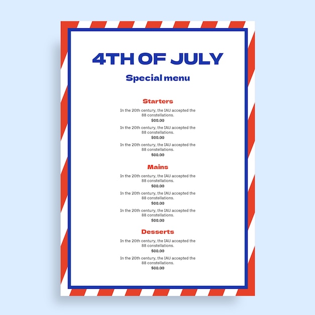 Fourth of july menu template design