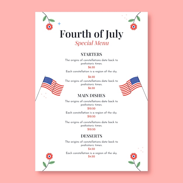 Fourth of july menu template design