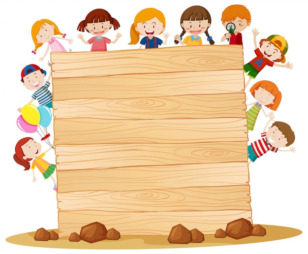 Free vector frame  with happy kids around wooden board