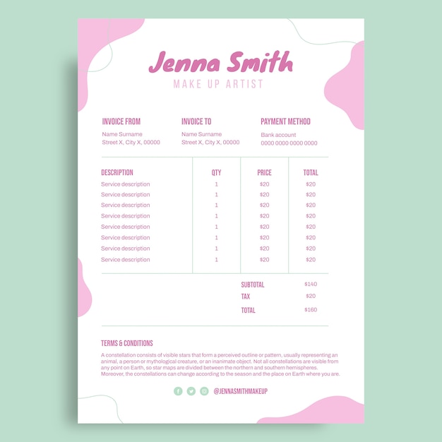 Freelance make up artist invoice template design