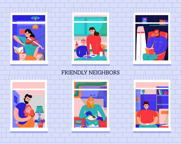 Friendly neighbors during various activity in windows of home on gray brick wall  vector  illustration