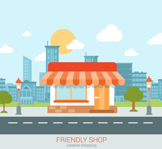 Friendly shop showcase in the city flat style illustration.