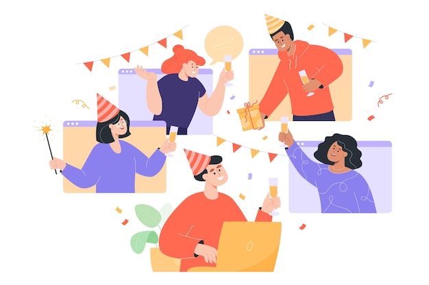 Free Vector friends celebrating birthday online flat vector illustration. men and women having video call or conference during quarantine. clinking glasses through computer windows. virtual party, hangout concept