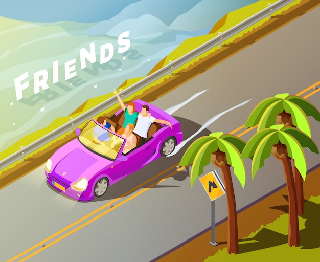 Free vector friends riding car isometric travel poster