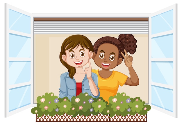 Free Vector friends waving from a window