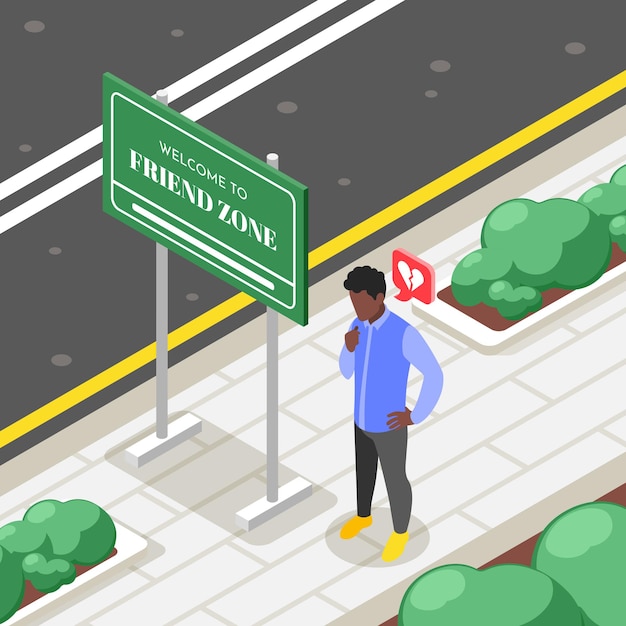 Free vector friendzone isometric background with outdoor scenery and man with broken heart standing on pavement with signboard illustration