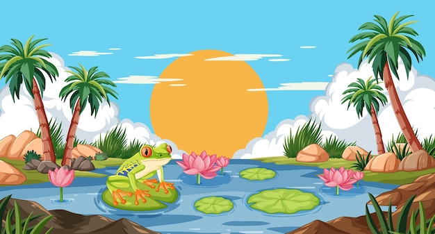 Free Vector frog on lily pad at sunset