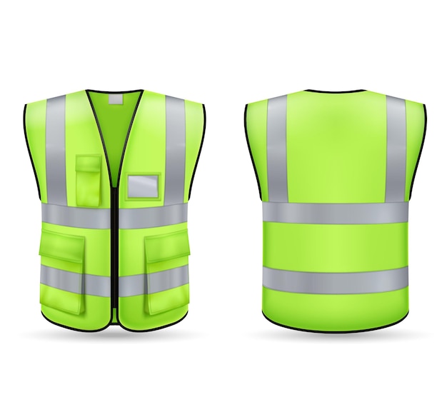 Free vector front and back view of green vest mockup with reflective stripes and pockets isolated on white background realistic vector illustration