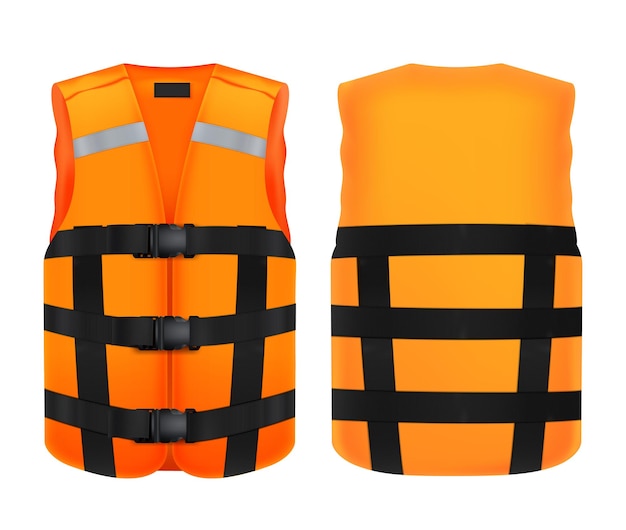 Free vector front and back view of orange vest mockup with reflective stripes and fastener straps realistic vector illustration