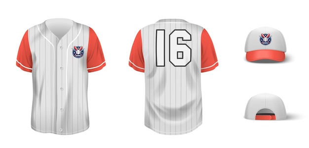 Free Vector front and rear realistic view of shirt and cap elements of baseball uniform isolated vector illustration