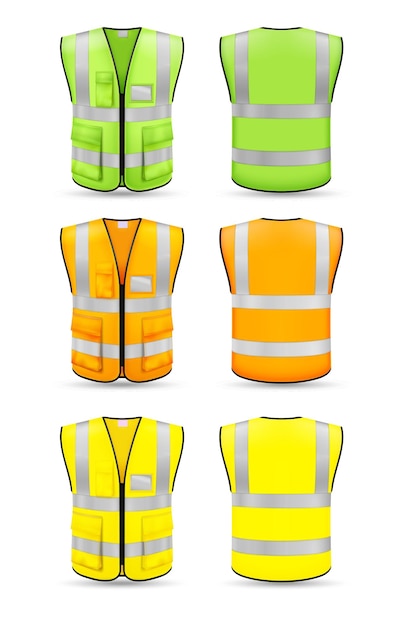 Free vector front and rear view of realistic vest mock up of green orange and yellow colors isolated on white background vector illustration
