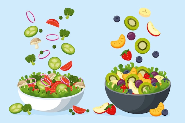 Free Vector fruit and salad in bowls