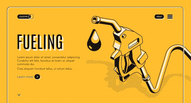 Free Vector fueling gasoline or diesel isometric web banner. fuel nozzle on hose and droplet of gas