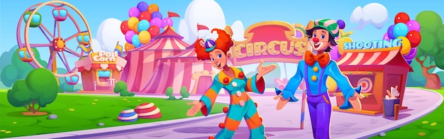 Free vector fun clown wheel and circus tent in carnival park