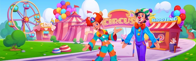 Fun clown wheel and circus tent in carnival park