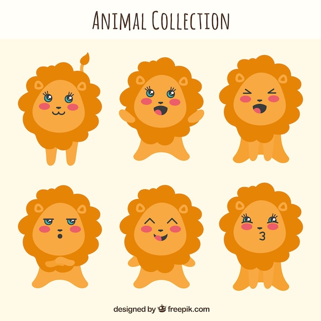 Free vector fun lion collection with flat design