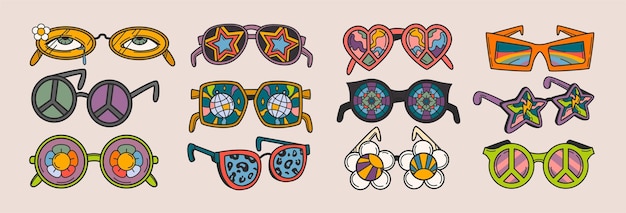 Free vector funky groovy sunglasses different shapes in retro hippie psychedelic style