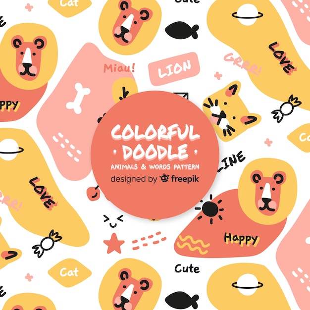 Free Vector funny doodle animals and words pattern