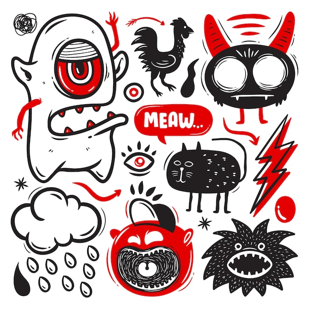 Free vector funny doodles with monsters set